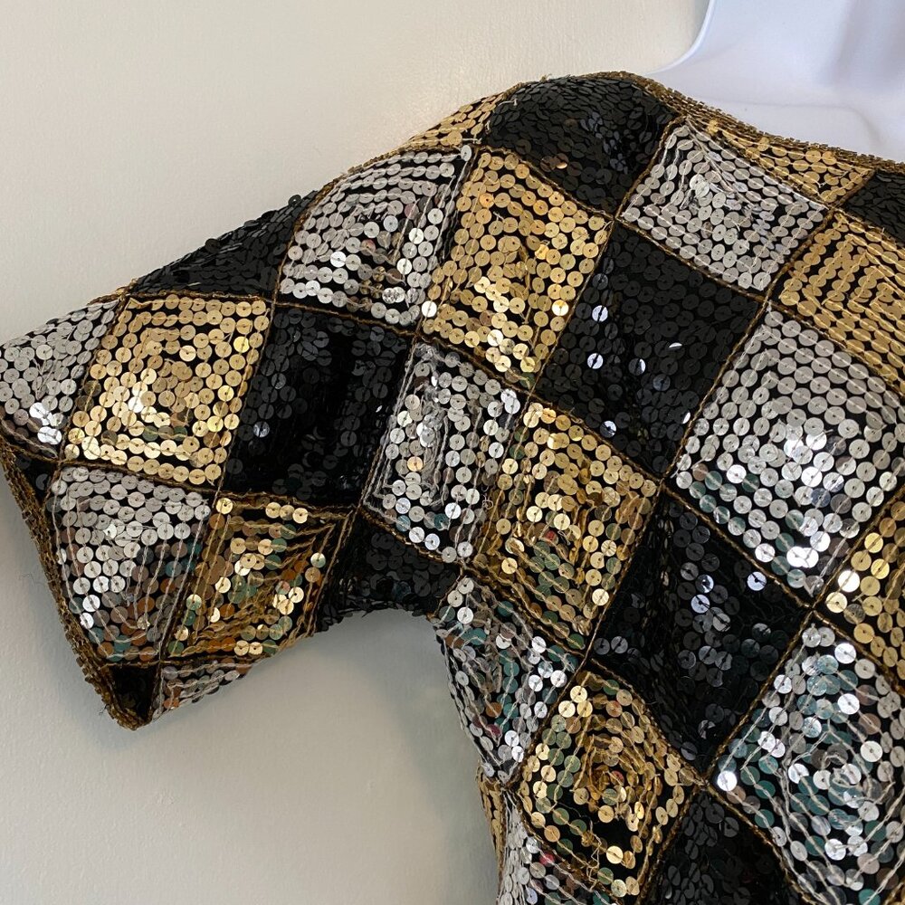 Vintage Scala Diamond Pattern Sequin Short Sleeve… - image 2